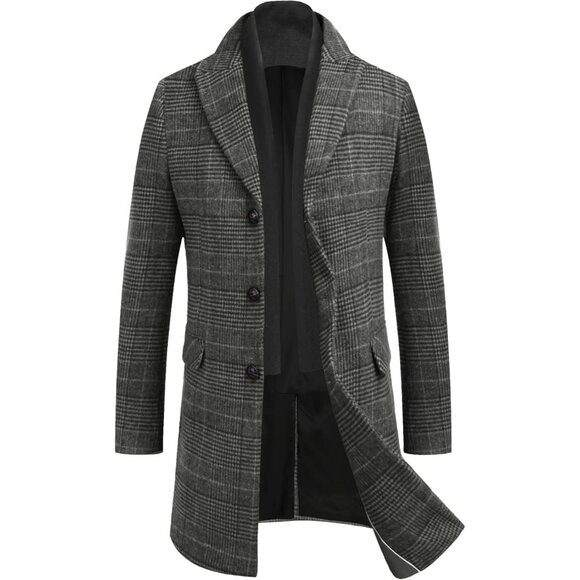 Men's Wool Blend Coat Detachable Plaid Scarf Notched Collar Pea Coat Black Plaid
